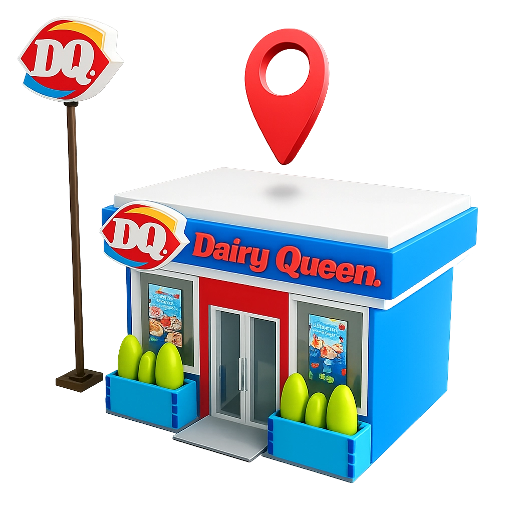 Illustration of a Dairy Queen store with a location pin