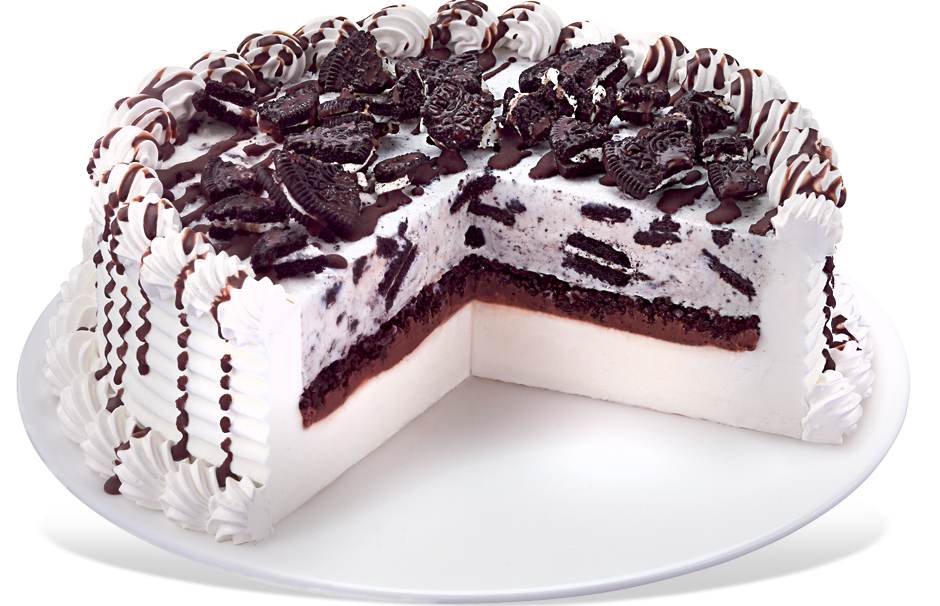 OREO Blizzard cake with cookie topping and chocolate drizzle