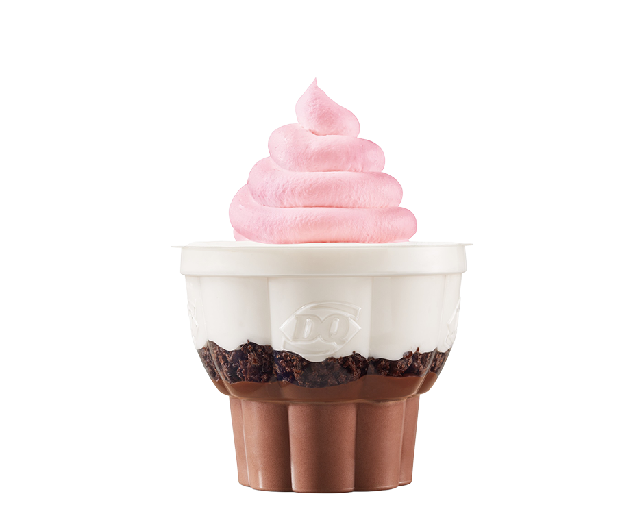 DQ cupcake with chocolate and vanilla soft serve layers and decorated top