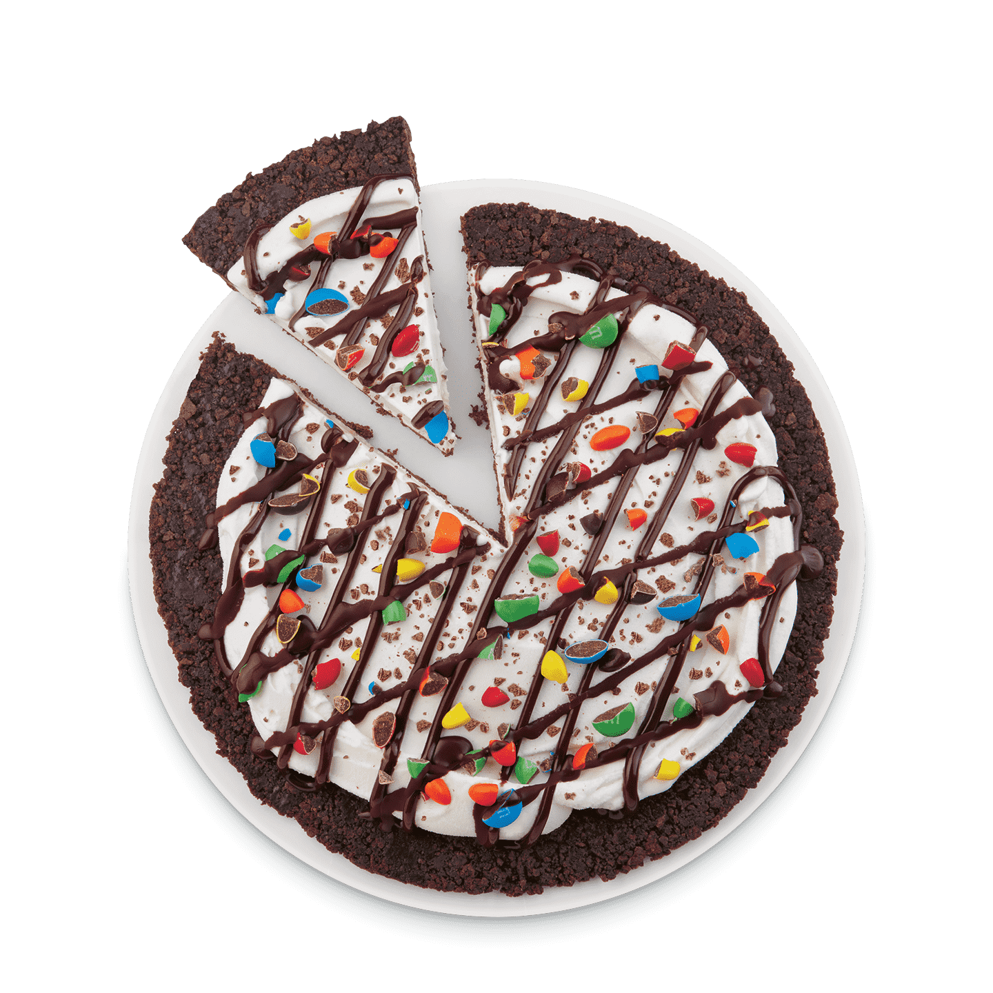 M&M Treatzza Pizza with candy pieces and chocolate drizzle