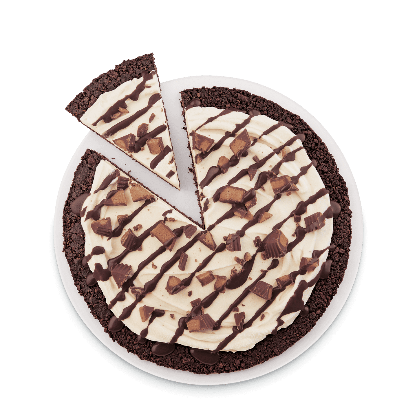 Peanut butter cup Treatzza Pizza with candy pieces and chocolate drizzle