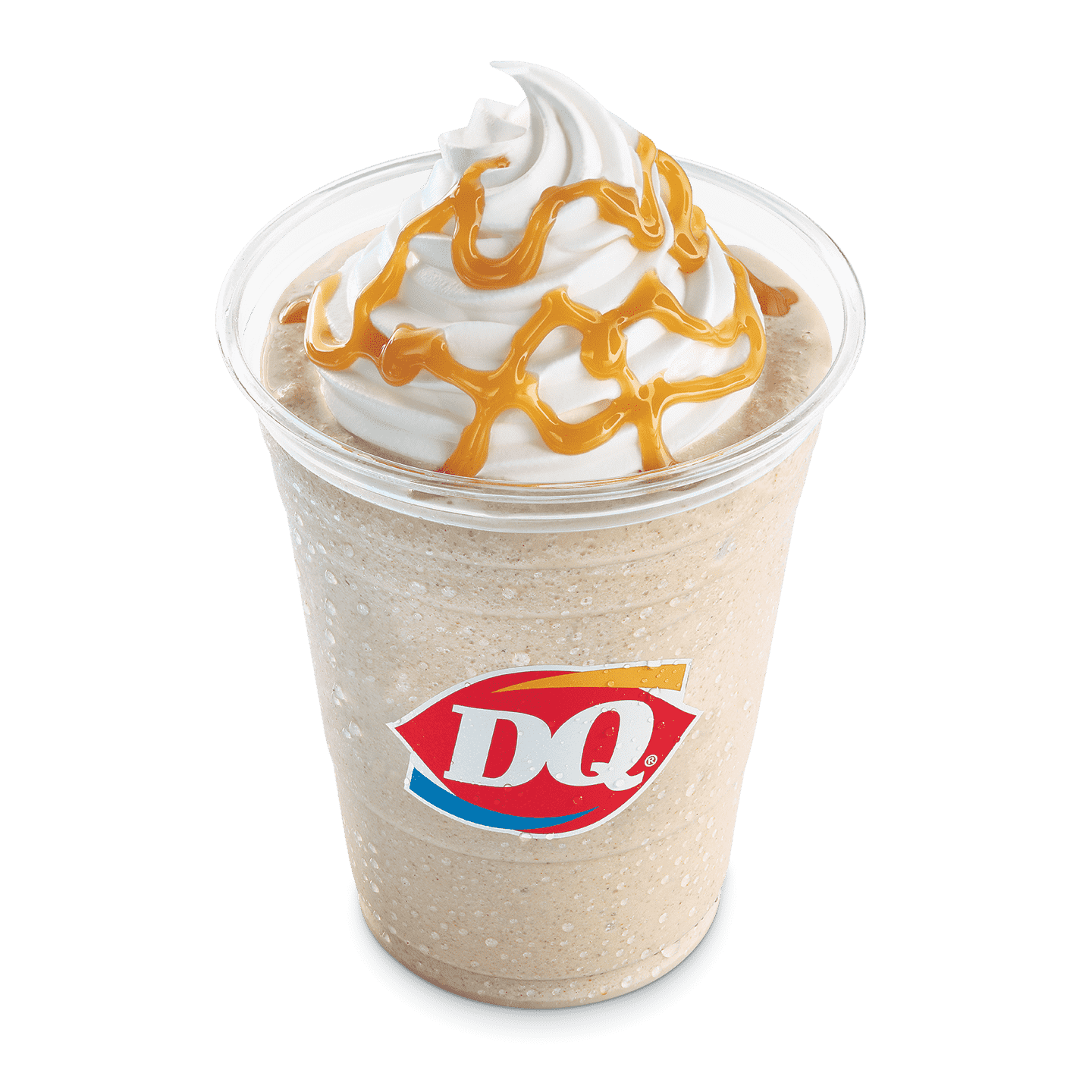 Caramel MooLatté topped with whipped topping and caramel drizzle in a DQ cup