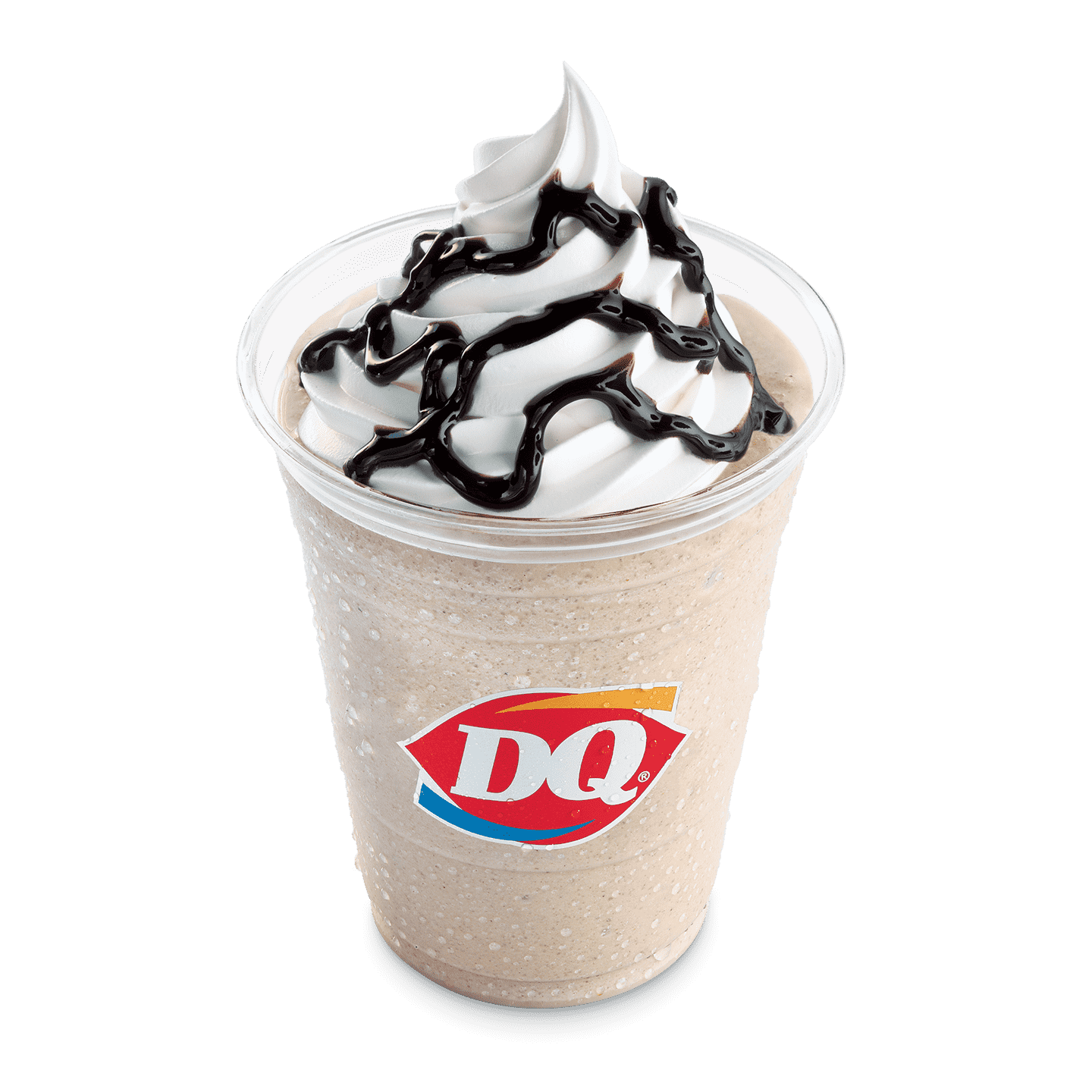 Mocha MooLatté topped with whipped topping and chocolate drizzle in a DQ cup