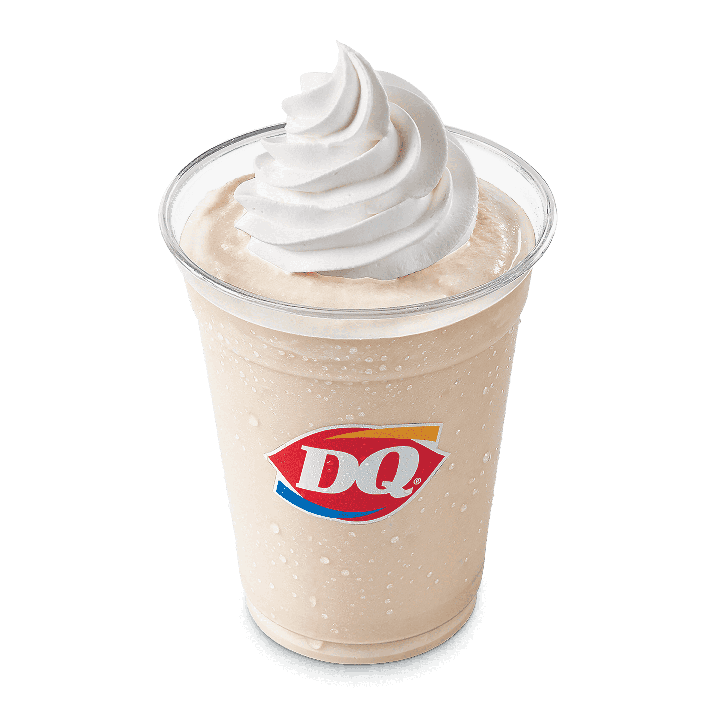 Caramel shake topped with whipped topping in a DQ cup