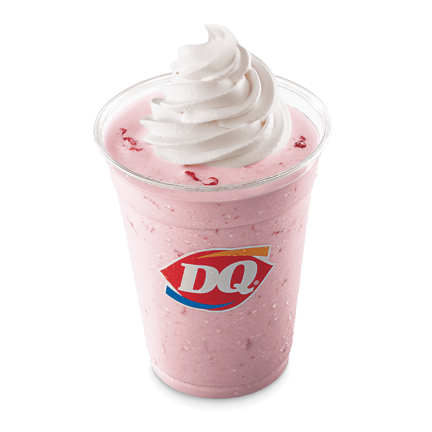 Strawberry shake topped with whipped topping in a DQ cup