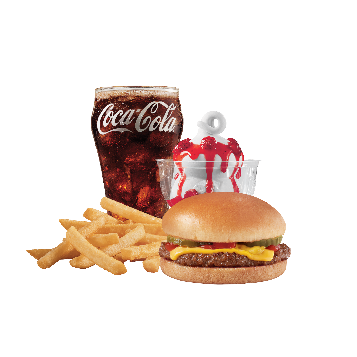 Cheeseburger meal with fries, a drink, and a sundae