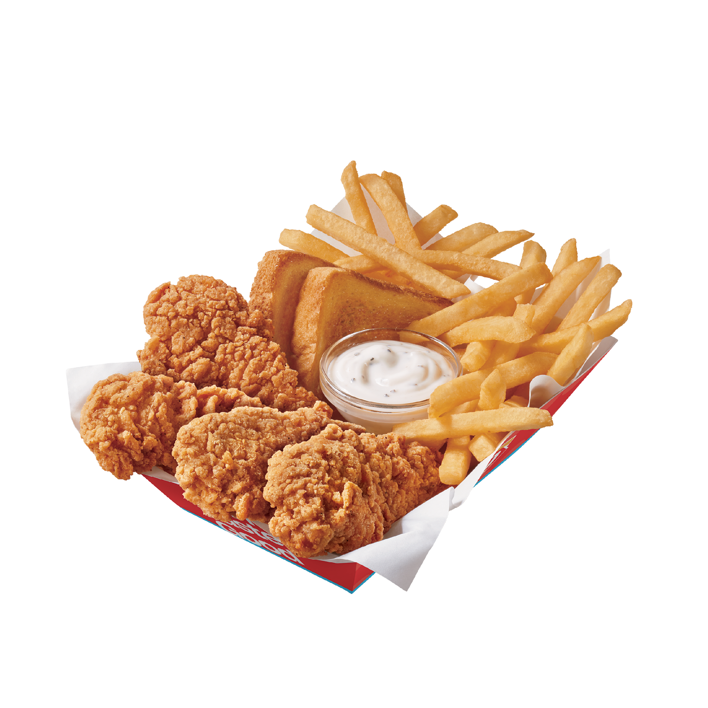Chicken strip basket with crispy strips, fries, toast, and dipping sauce