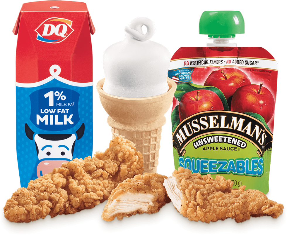 Kids meal with chicken strips, side, drink, and dessert