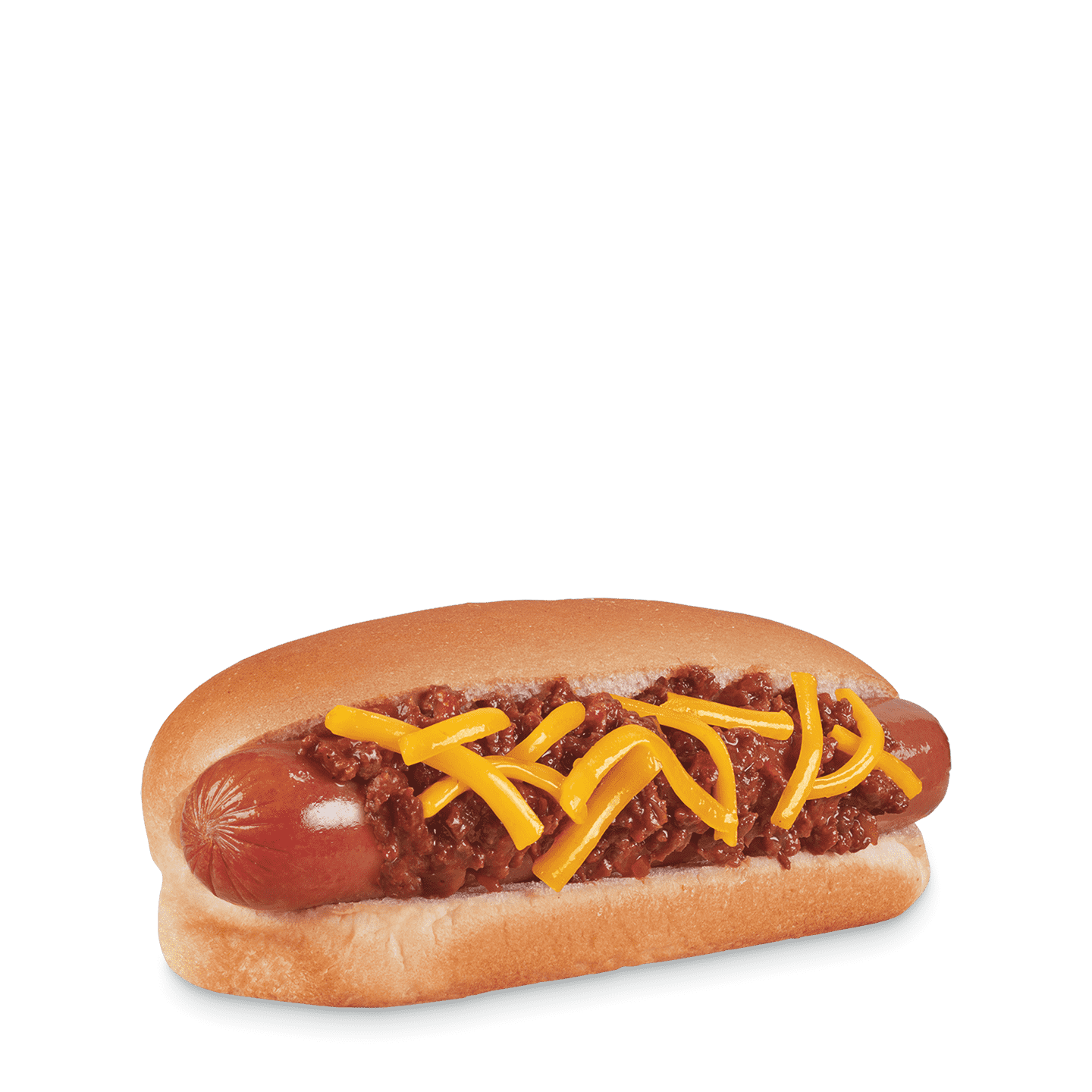 Hot dog with chili and melted cheese on a soft bun