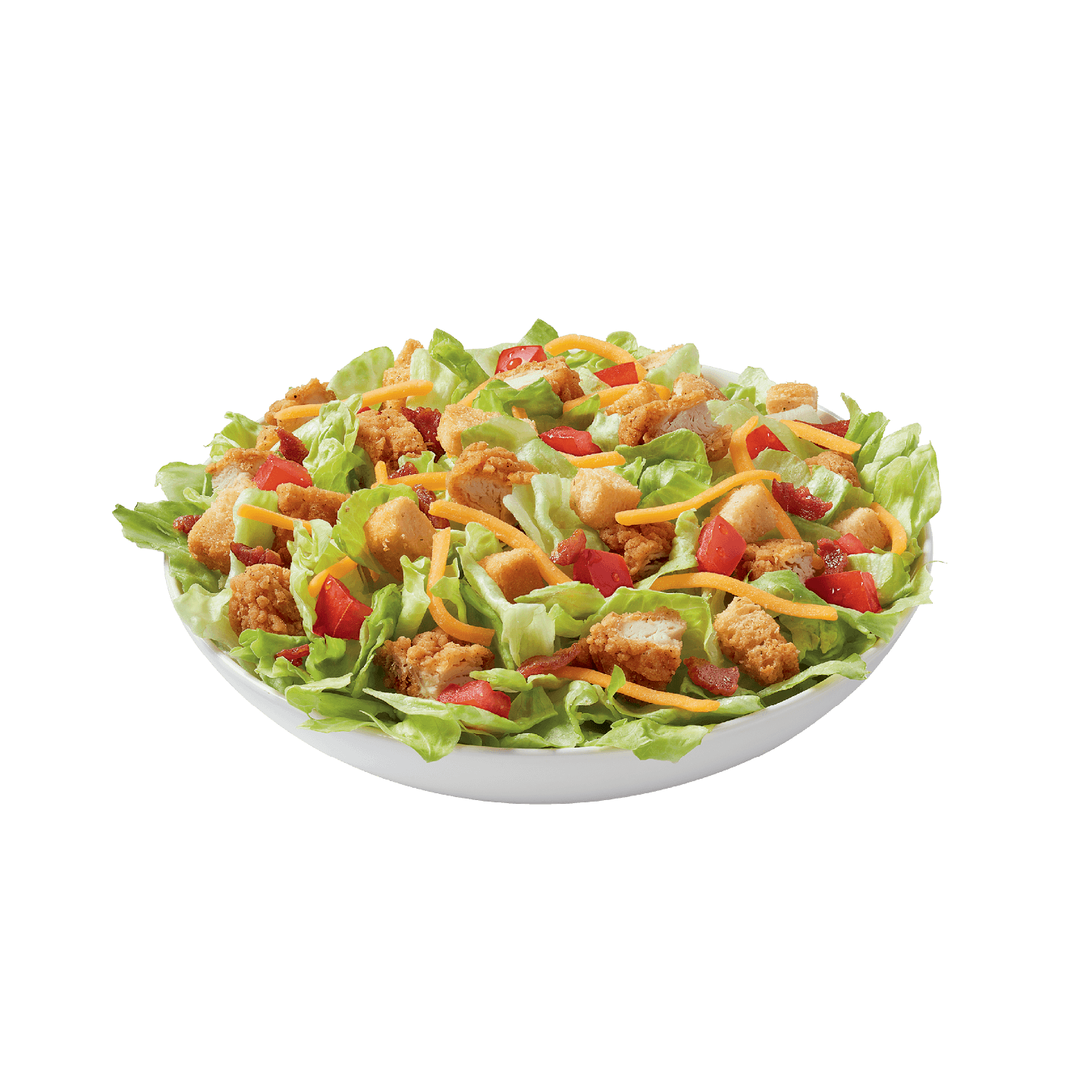 Salad with crispy chicken strips, lettuce, tomatoes, bacon, and cheese