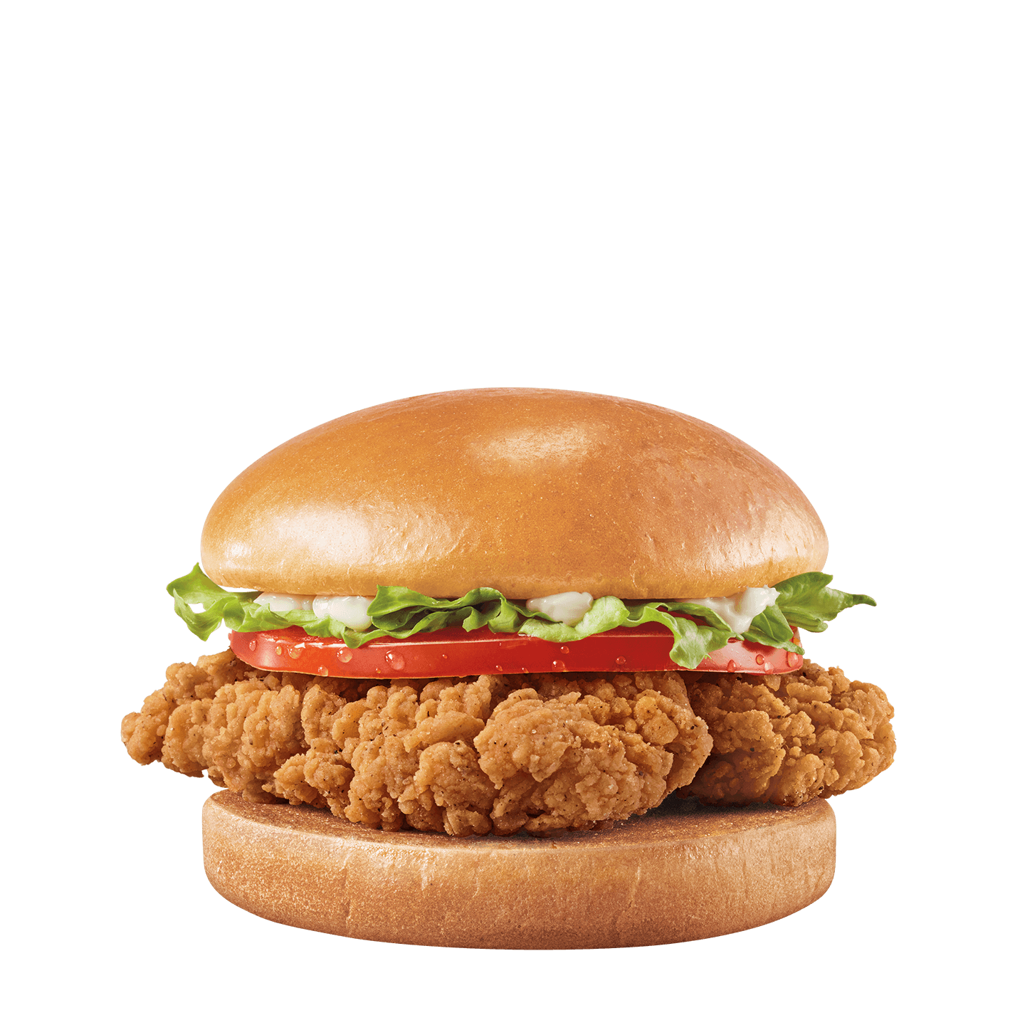 Chicken sandwich with crispy strips, lettuce, tomato, and mayo on a toasted bun