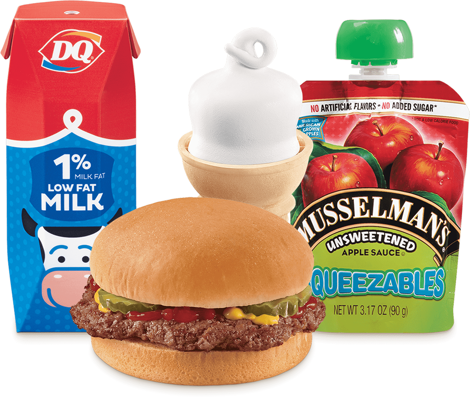 Kids meal with hamburger, side, drink, and dessert