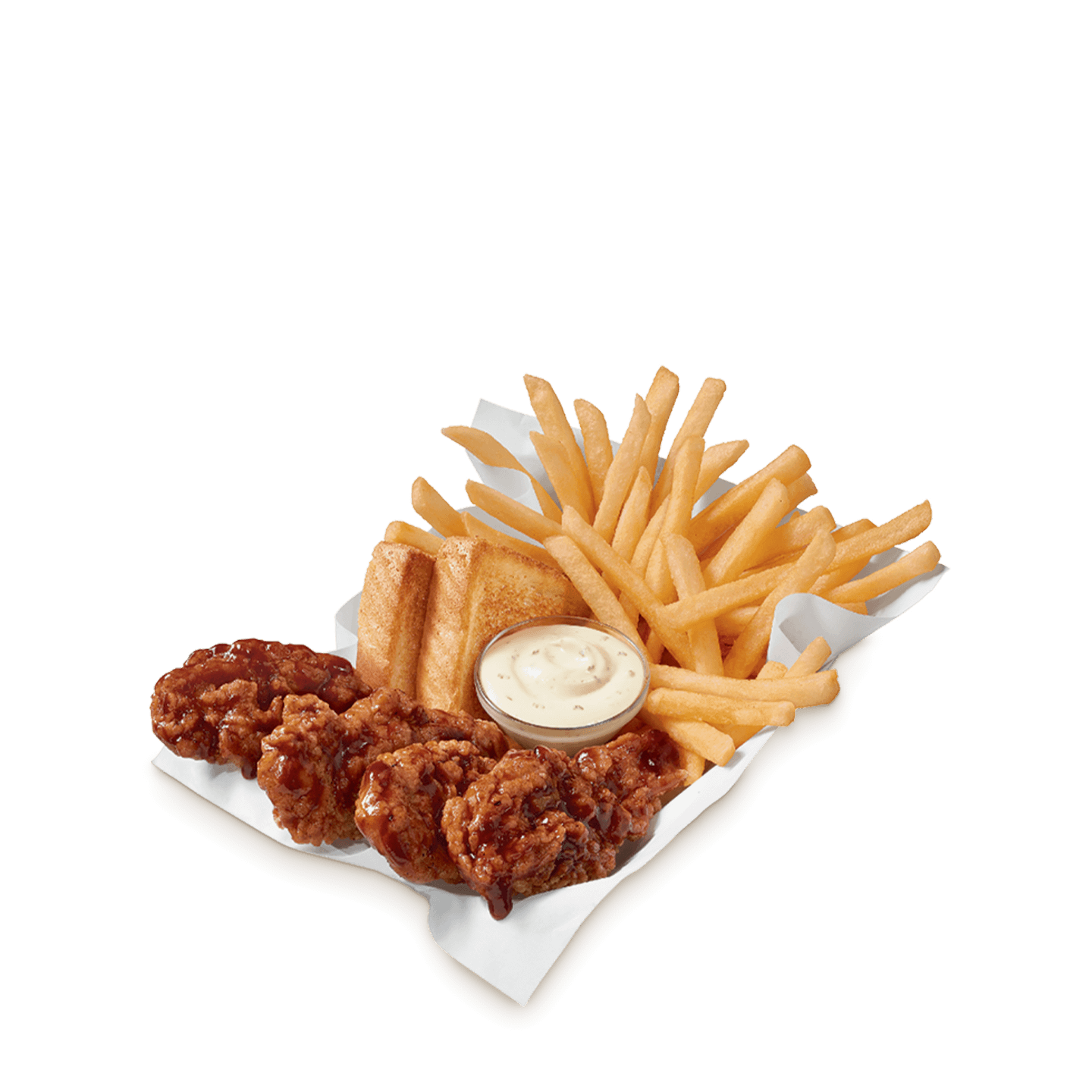 Chicken strip basket with sauced strips, fries, toast, and dipping sauce