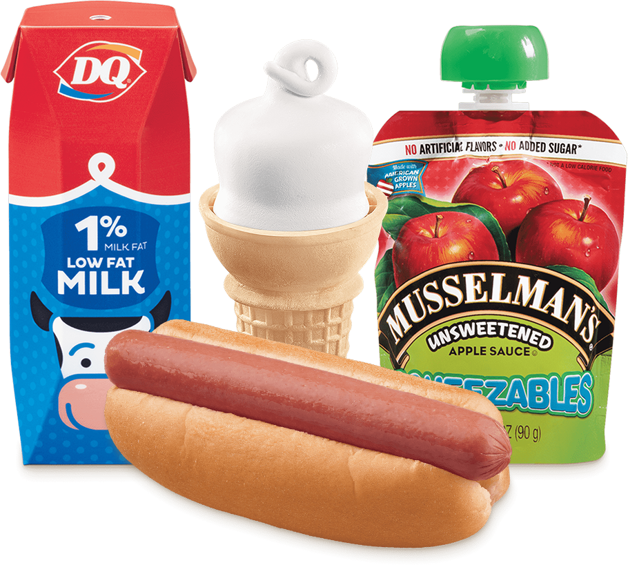 Kids meal with hot dog, side, drink, and dessert