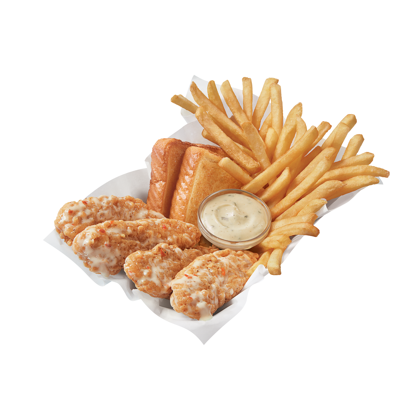 Chicken strip basket with sauced strips, fries, toast, and dipping sauce