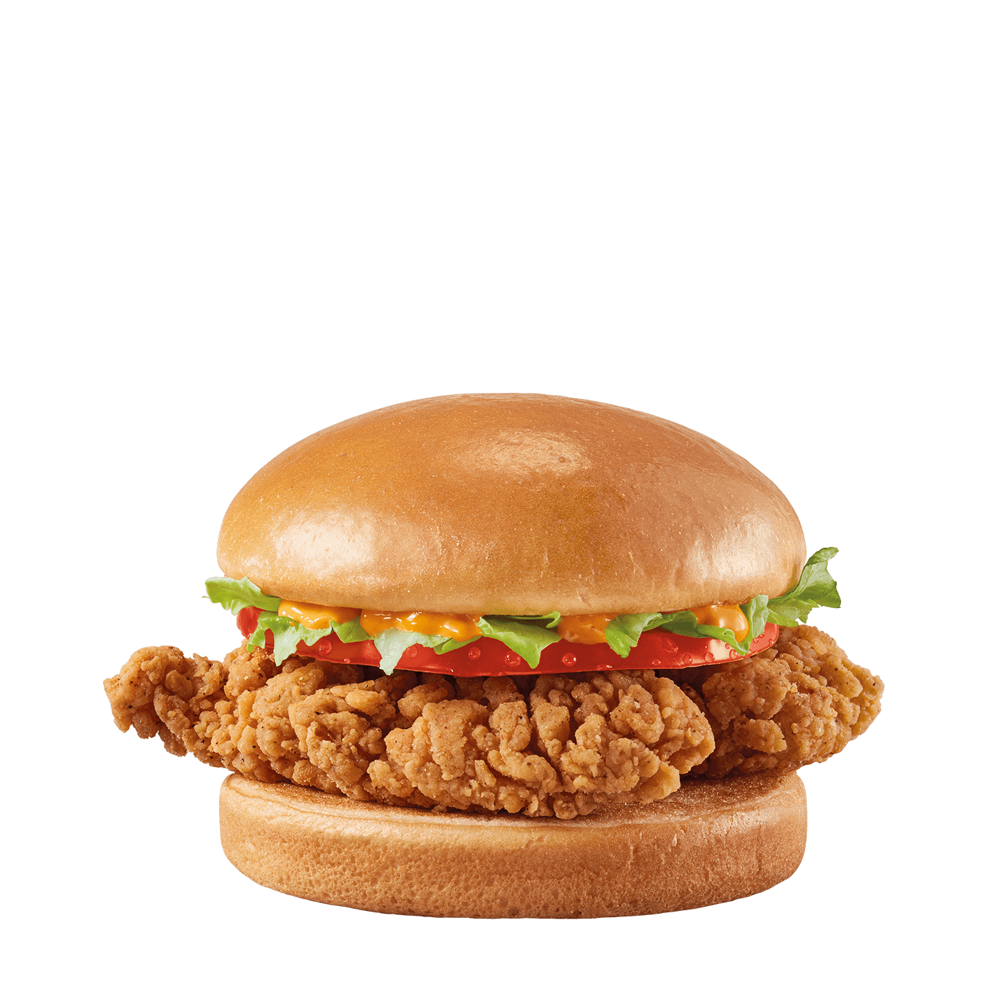 Chicken sandwich with crispy strips, lettuce, tomato, and spicy sauce on a toasted bun