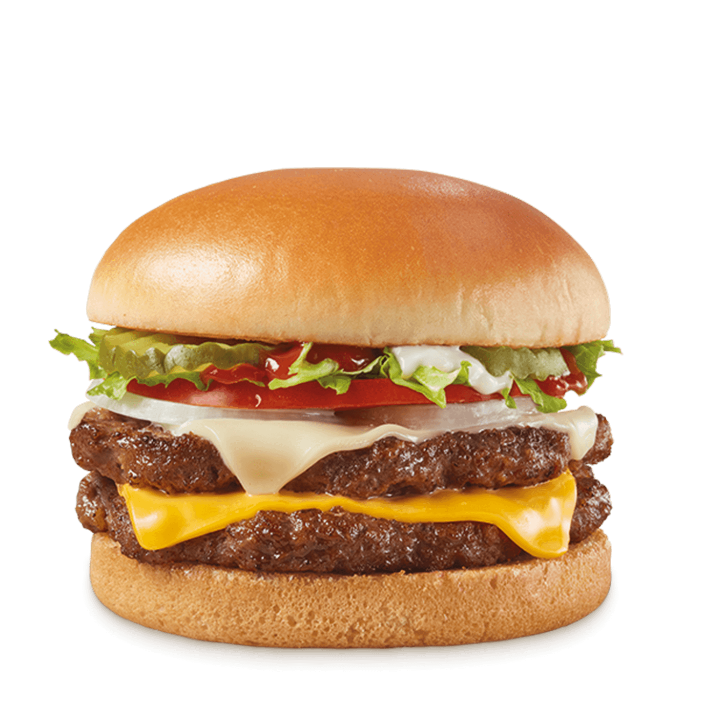 Burger with two beef patties, two cheeses, lettuce, tomato, onion, pickles, and sauces on a toasted bun