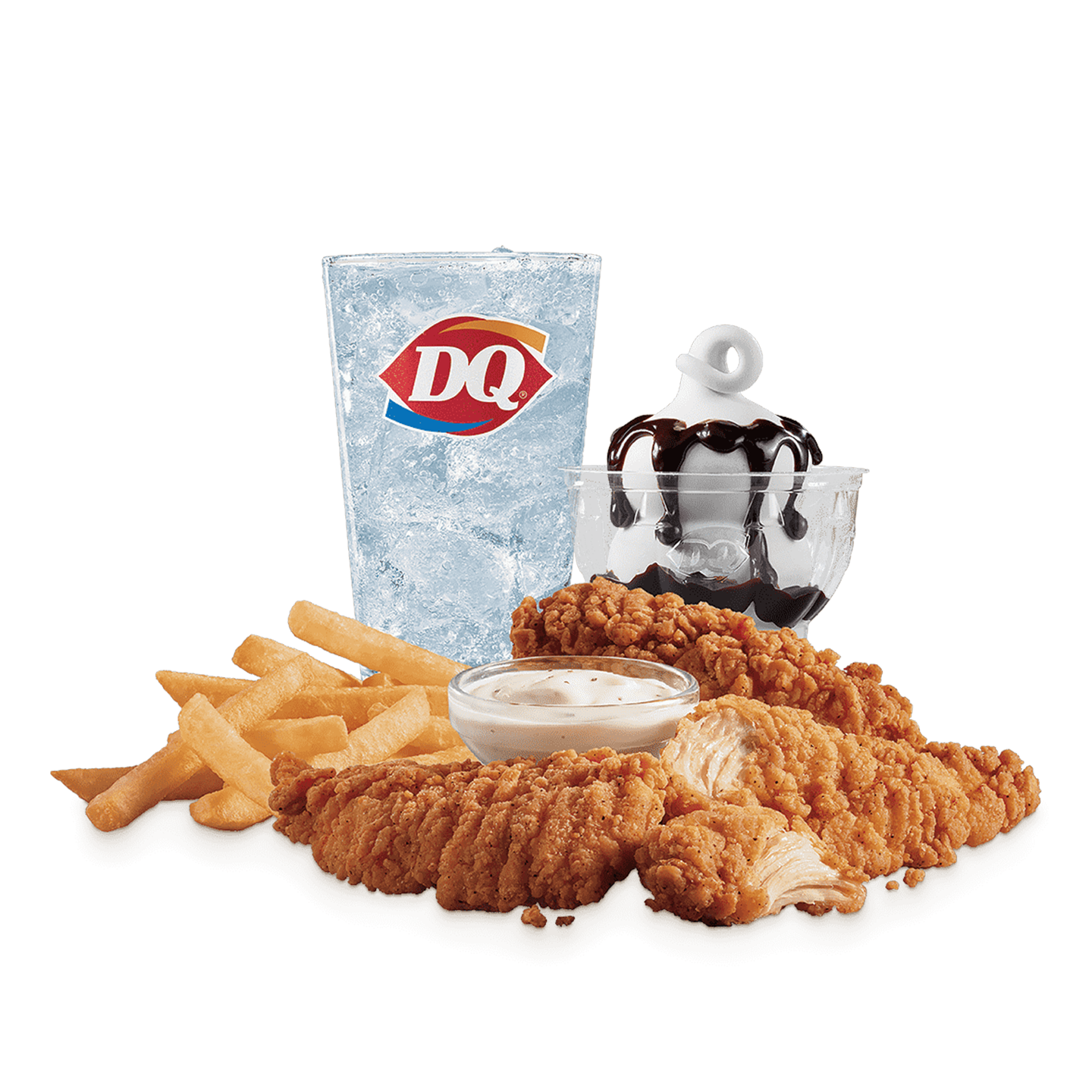 Chicken strip meal with fries, a drink, and a sundae