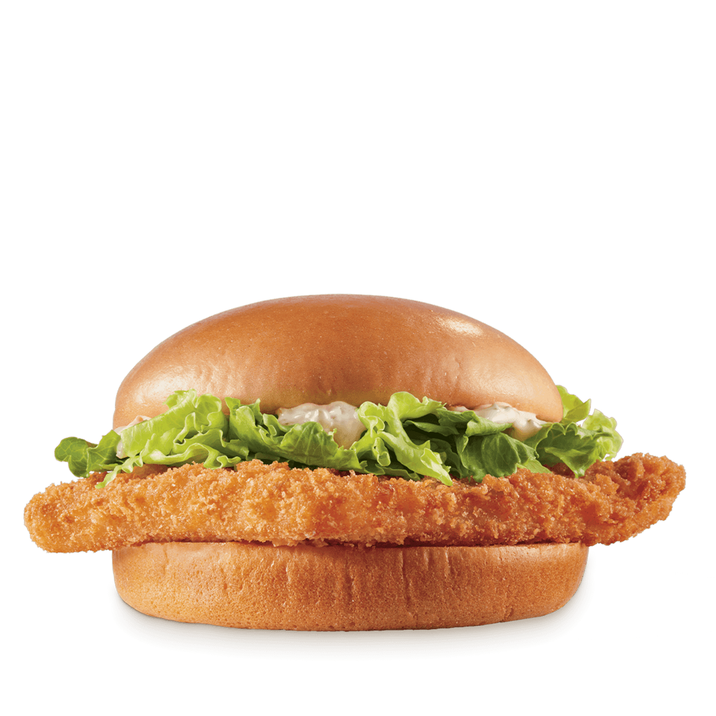 Fish sandwich with crispy fillet, lettuce, and tartar sauce on a toasted bun