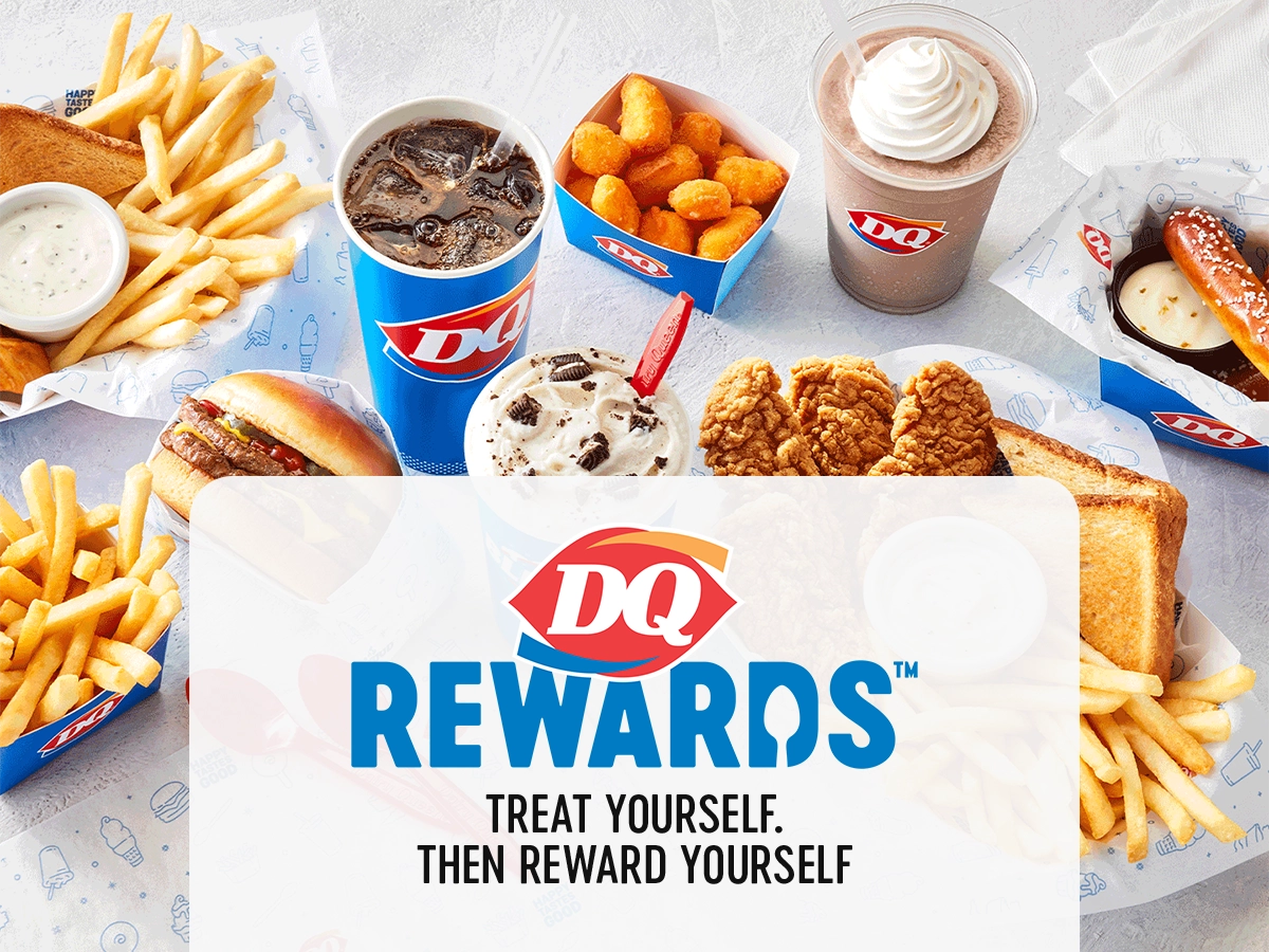 Rewards banner with phone, burger, fries, and treats