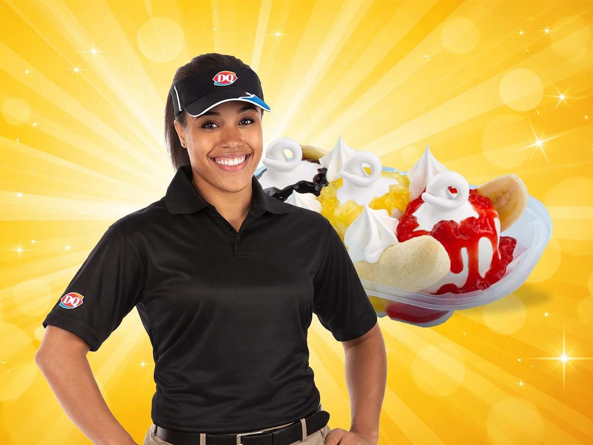 Dairy Queen crew member with a banana split