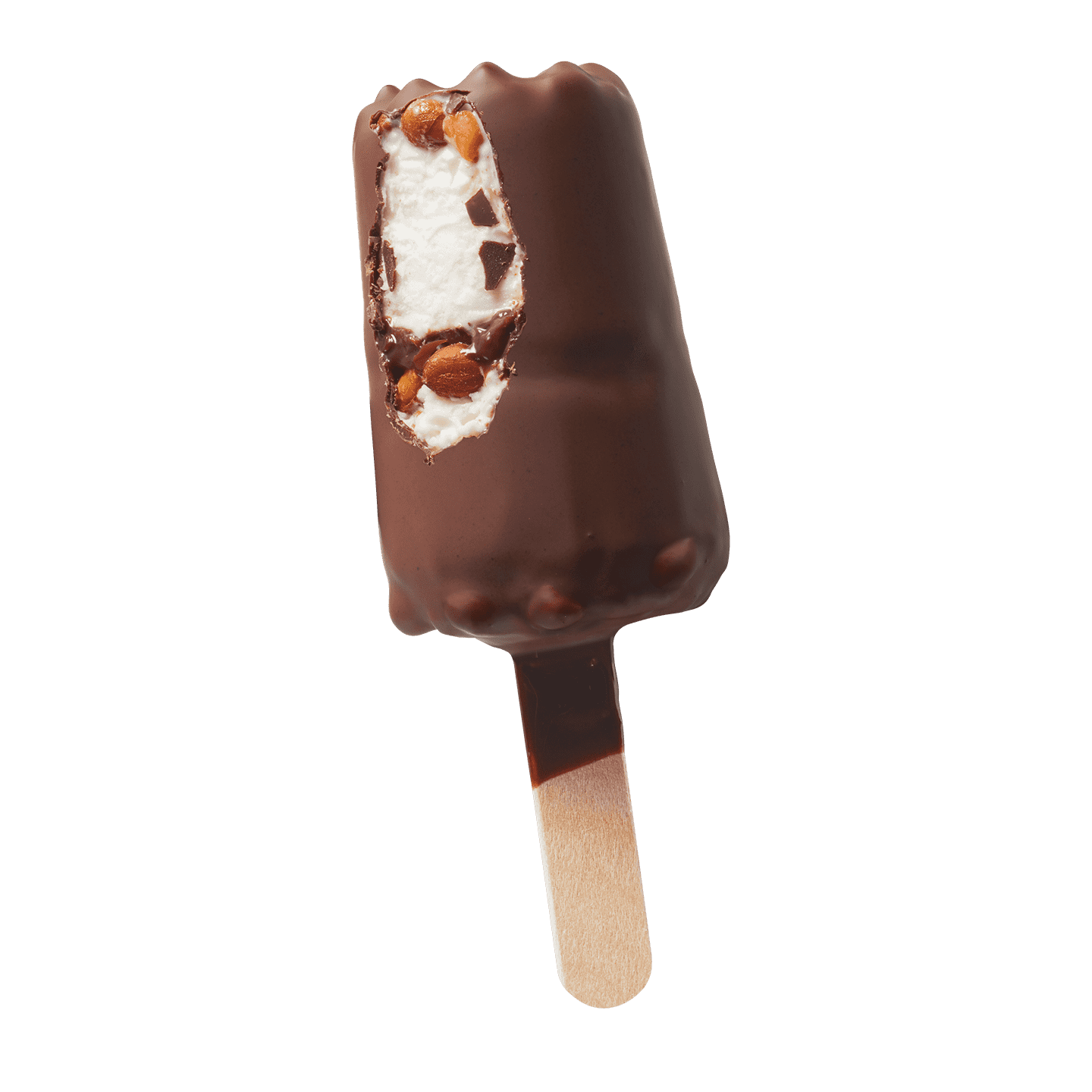 Chocolate coated ice cream bar with peanuts and fudge