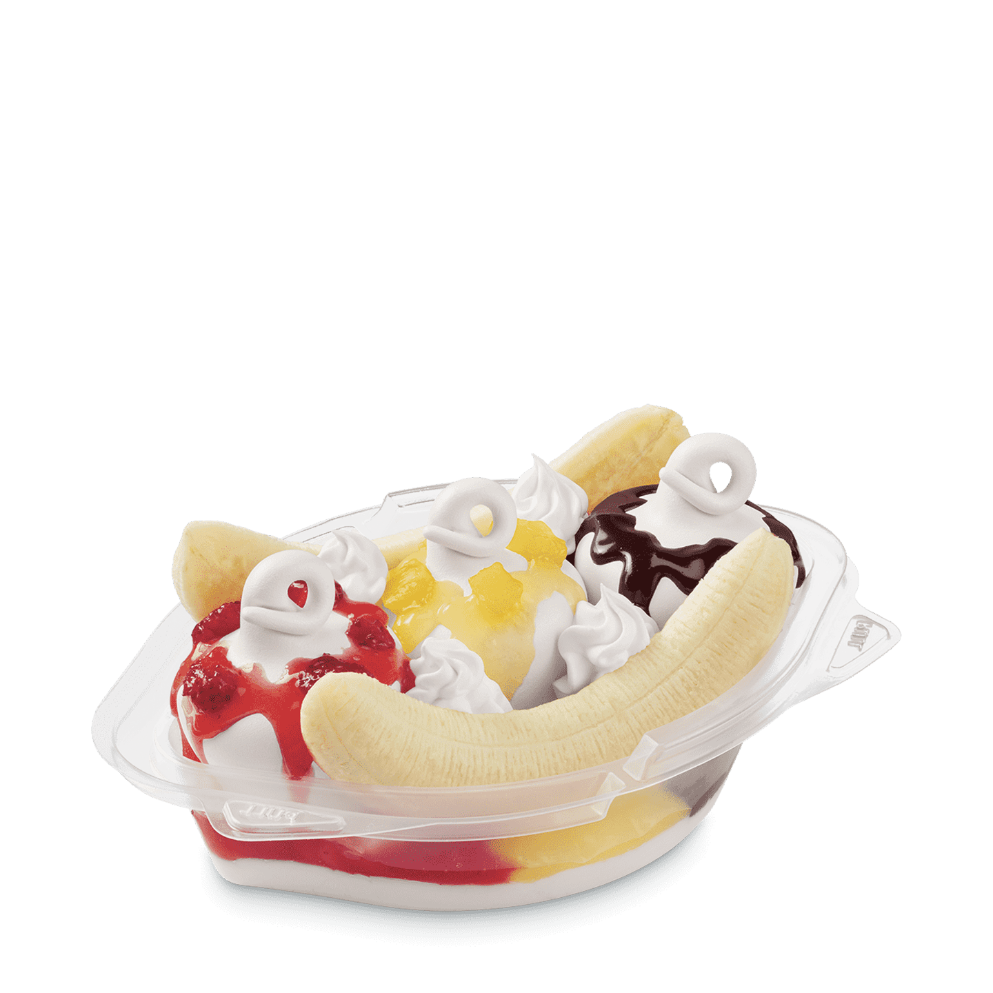 Banana split with fruit toppings and whipped cream